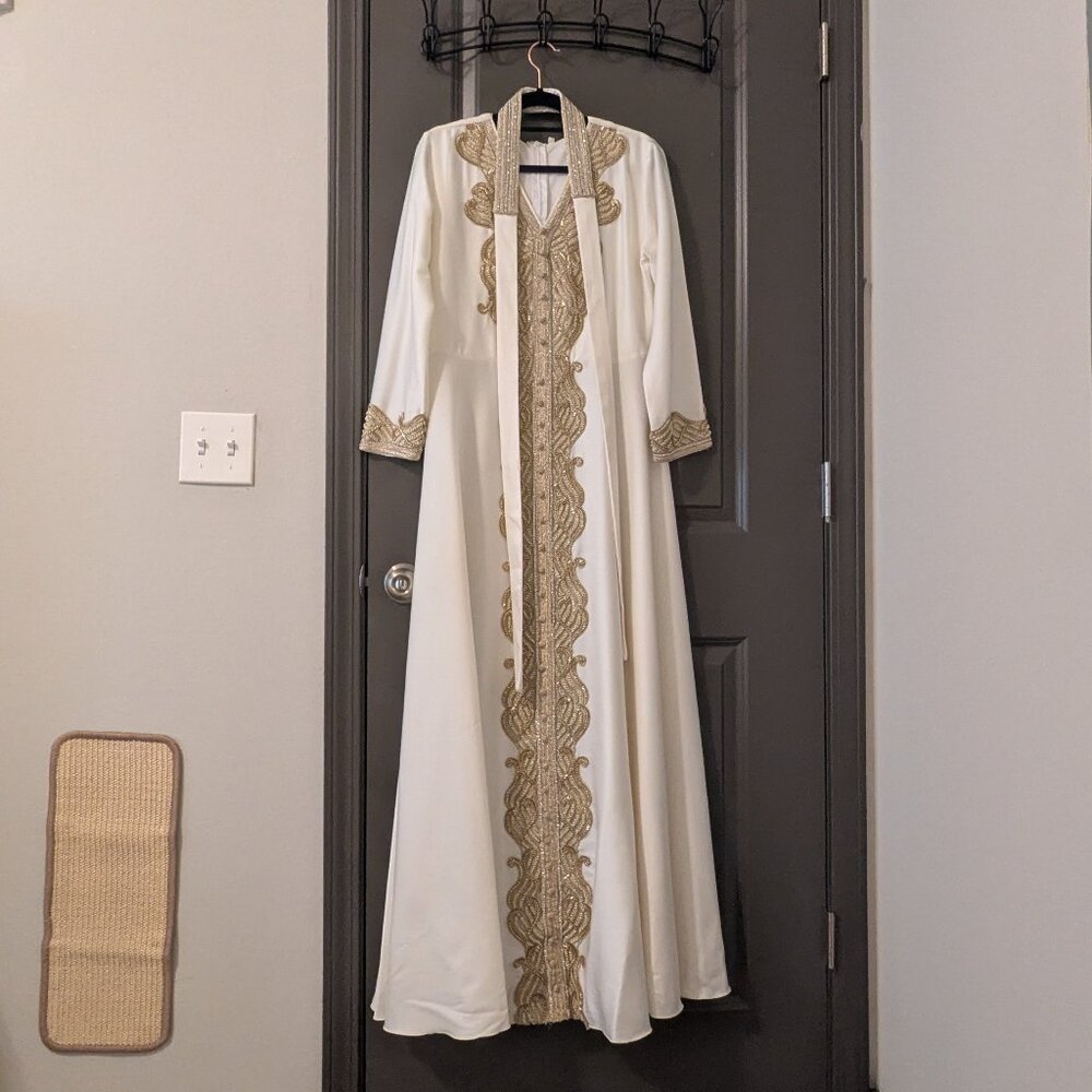 White and Gold Floor Length Long Sleeve Dress